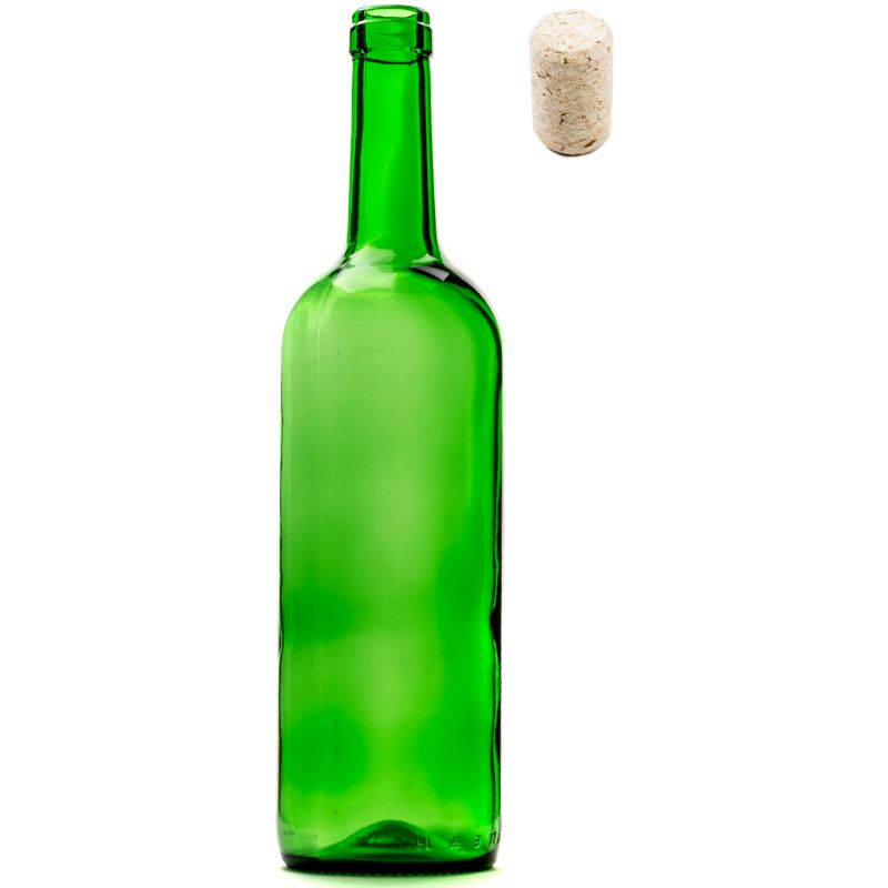 Staklena boca za vino BORDEAUX zelena 750 ml s plutenim čepom